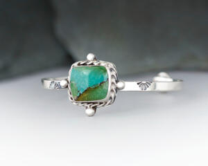 dainty everyday stackable green turquoise sterling silver cuff bracelet, embellished bezel setting 6 inches with a 1 inch gap size medium